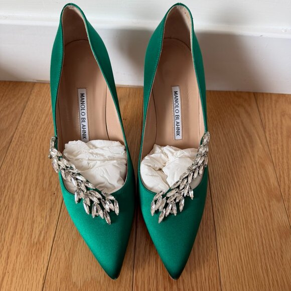 Manolo Blahnik Shoes - Nadira Green Satin Jewel Buckle Pumps